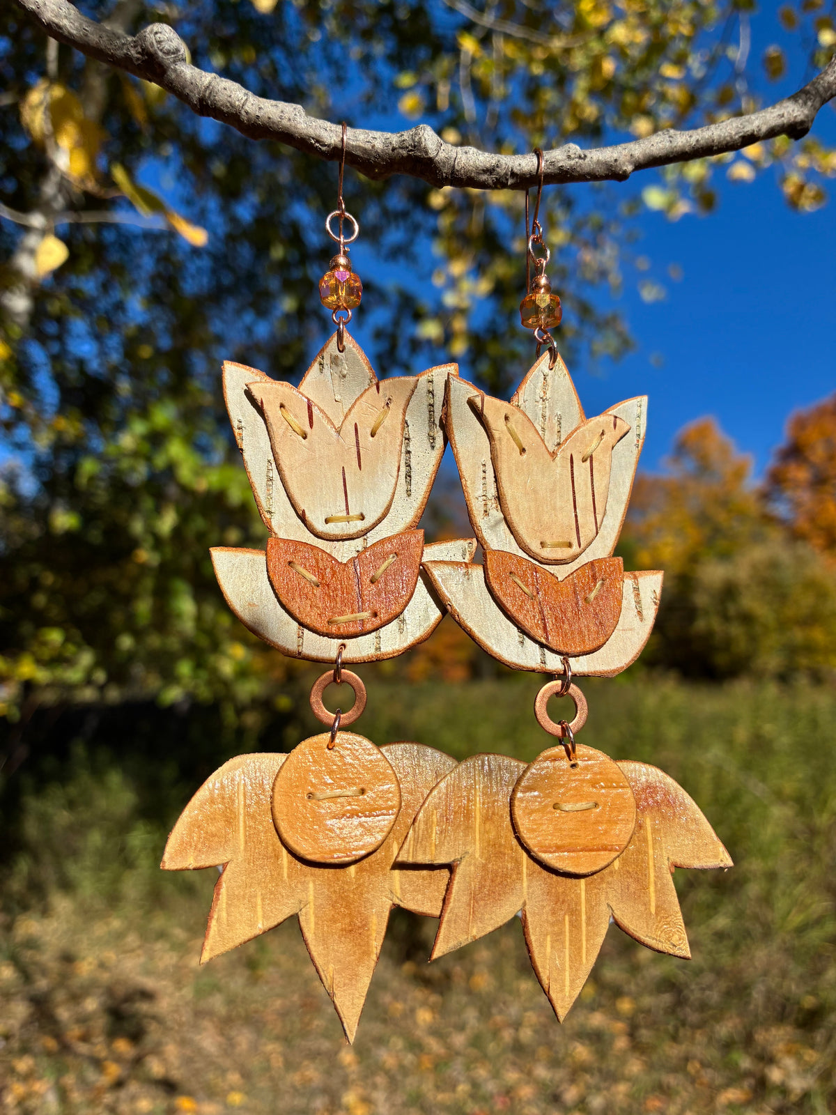 Floral Woodland Appliqué Cutout Birchbark Earrings