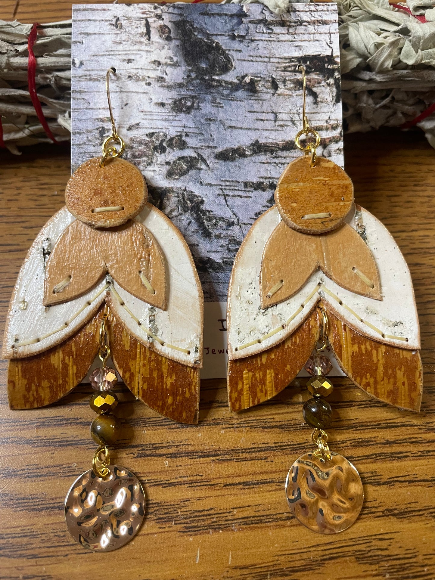 Appliqué Floral Birchbark Earrings with Tiger’s Eye