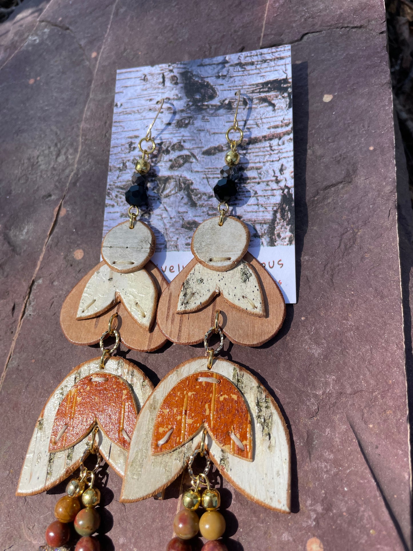 Smoky Quartz Birchbark Appliqué Woodland Floral Earrings