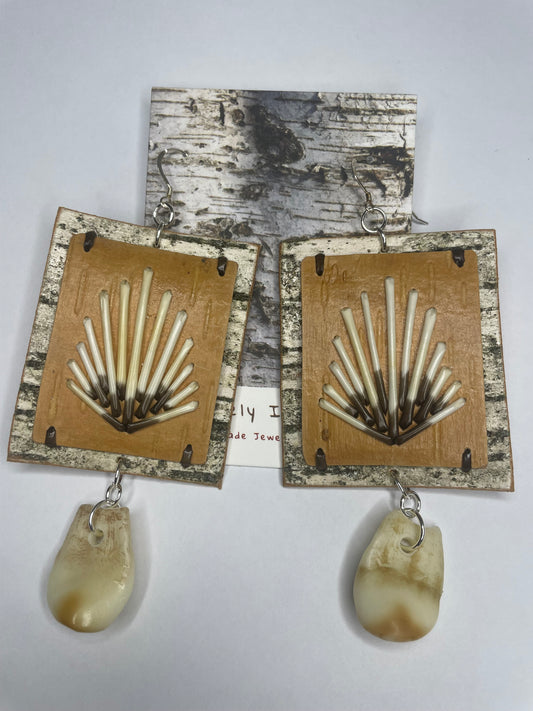 Shooting Star and Elk Ivory Replica Birchbark and Porcupine Quill Earrings