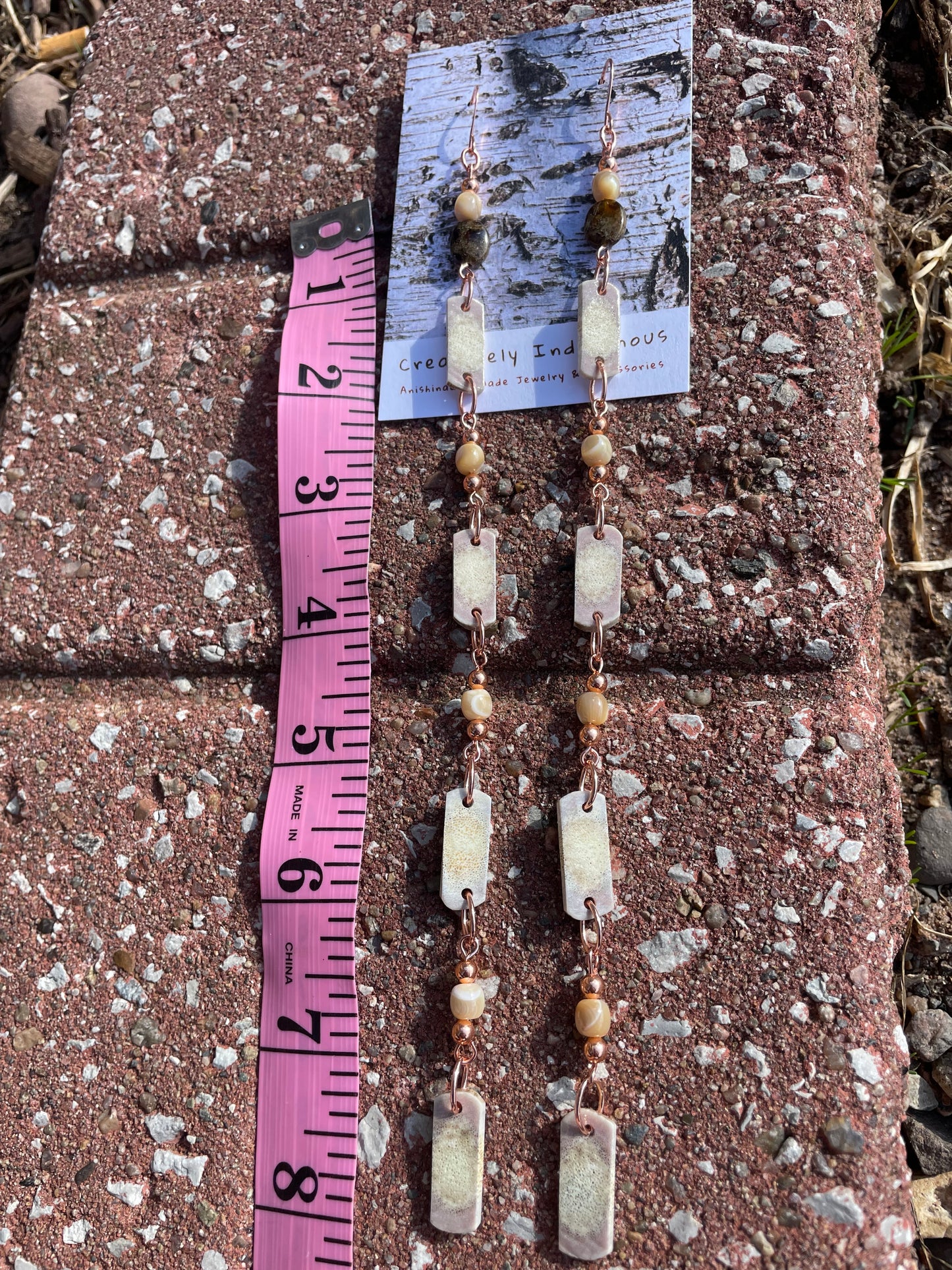 Waawaashkeshi Deer Antler Earrings with Green Garnet and Mother of Pearl