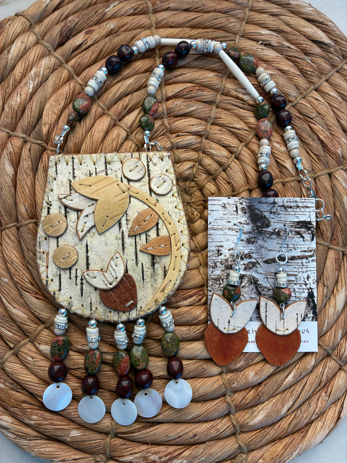 Woodland Floral Birchbark Medallion and Earring Set