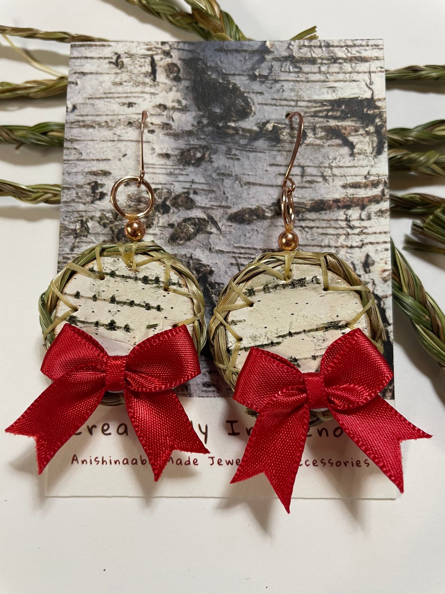 Wiigwaas and Wiingashk Birchbark and Braided Sweet Grass Earrings with Red Bows