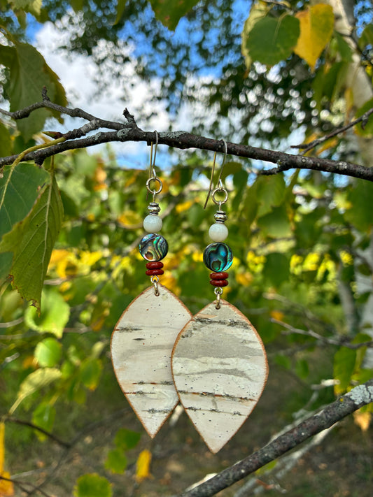 Birchbark Earrings with Abalone and Red Jasper