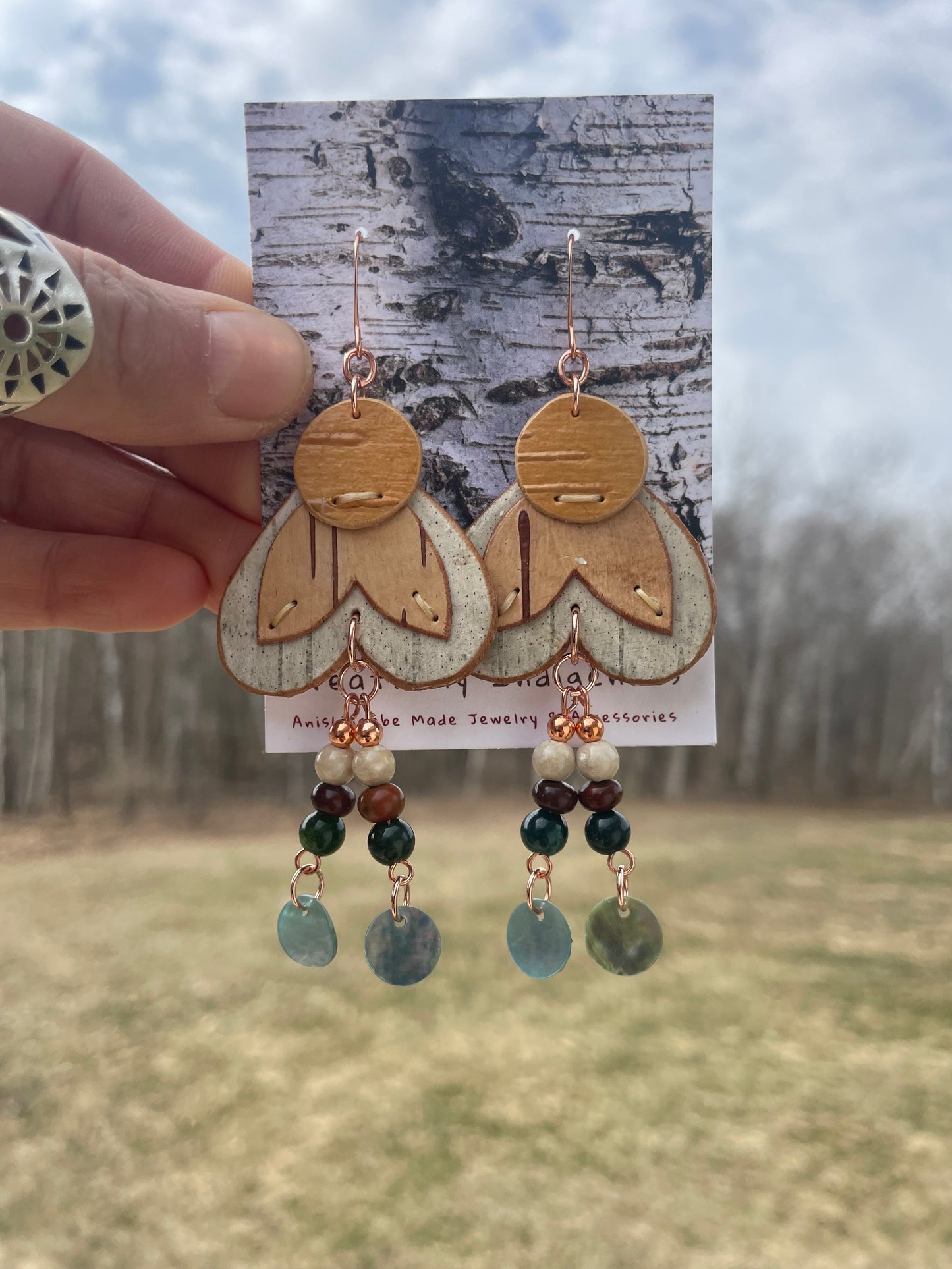 Mino-de'e “Good Hearted”Birchbark Earrings with Blood Stone