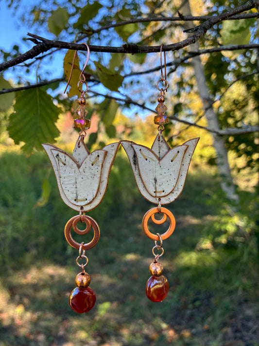 Appliqué Birchbark Floral Earrings with Copper, Swarovski and Polished Agate