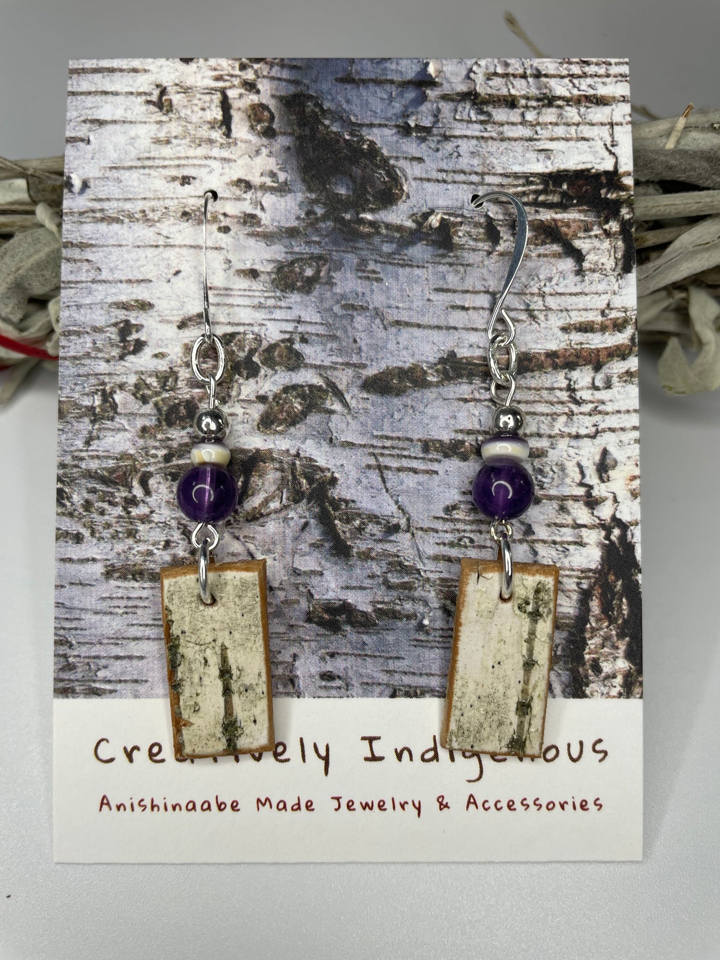 Birchbark, Amethyst, and Wampum Earrings
