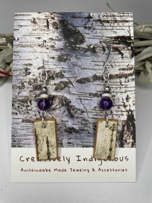 Birchbark, Amethyst, and Wampum Earrings