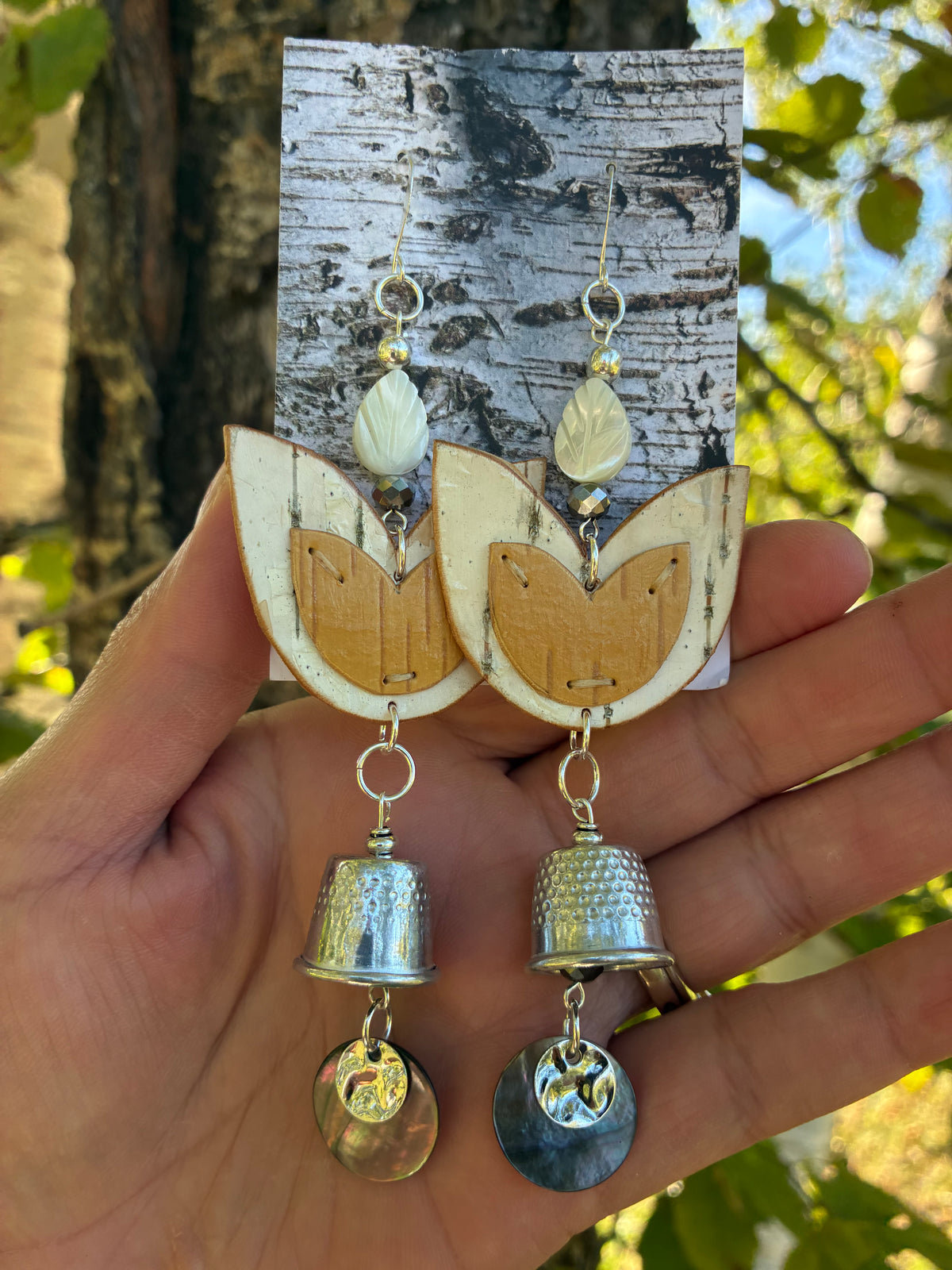 Appliqué Birchbark Floral Earrings with Grandmother Thimbles and White Shell