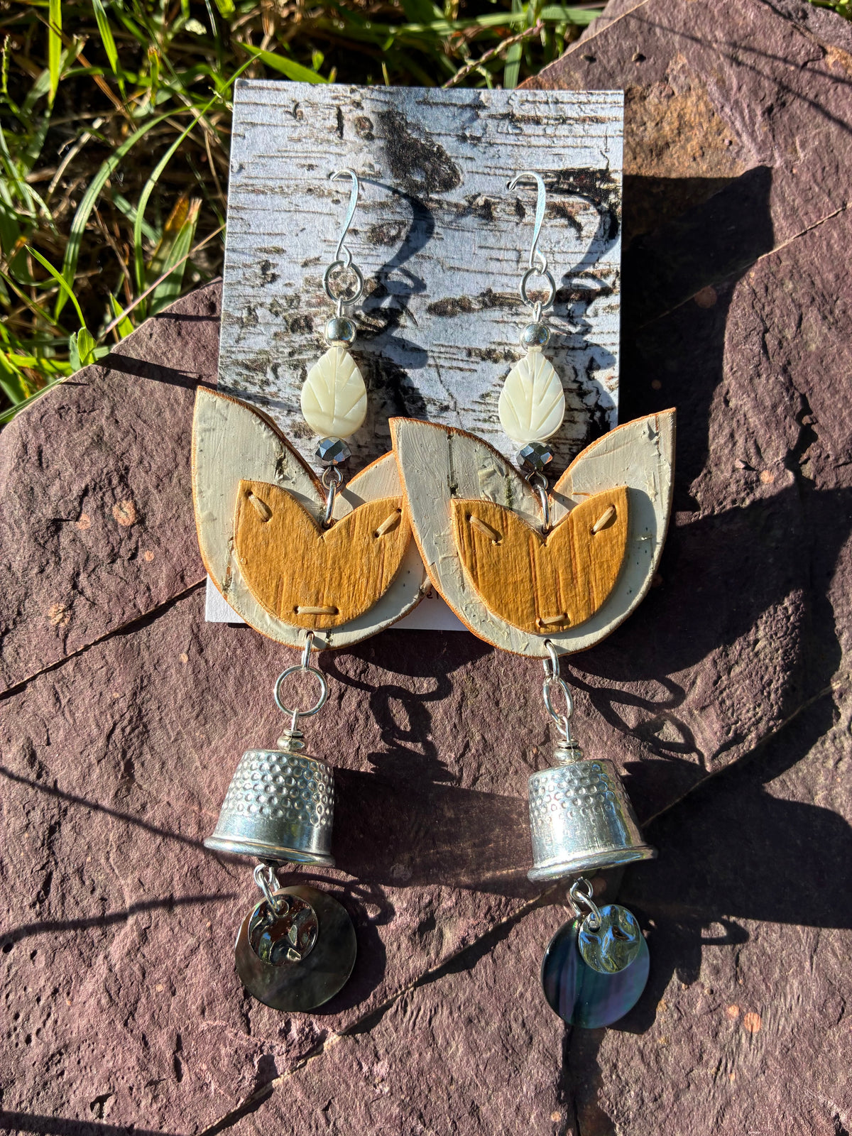 Appliqué Birchbark Floral Earrings with Grandmother Thimbles and White Shell