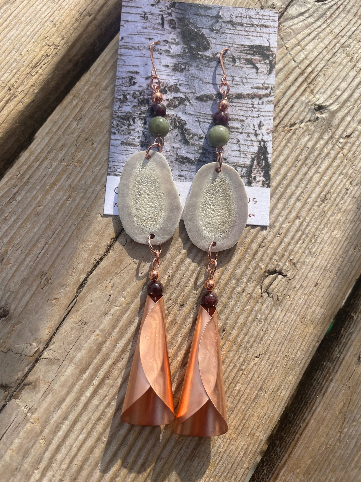 Waawaashkeshi Deer Antler Earrings with Kyanite, Garnet, and Copper Jingles