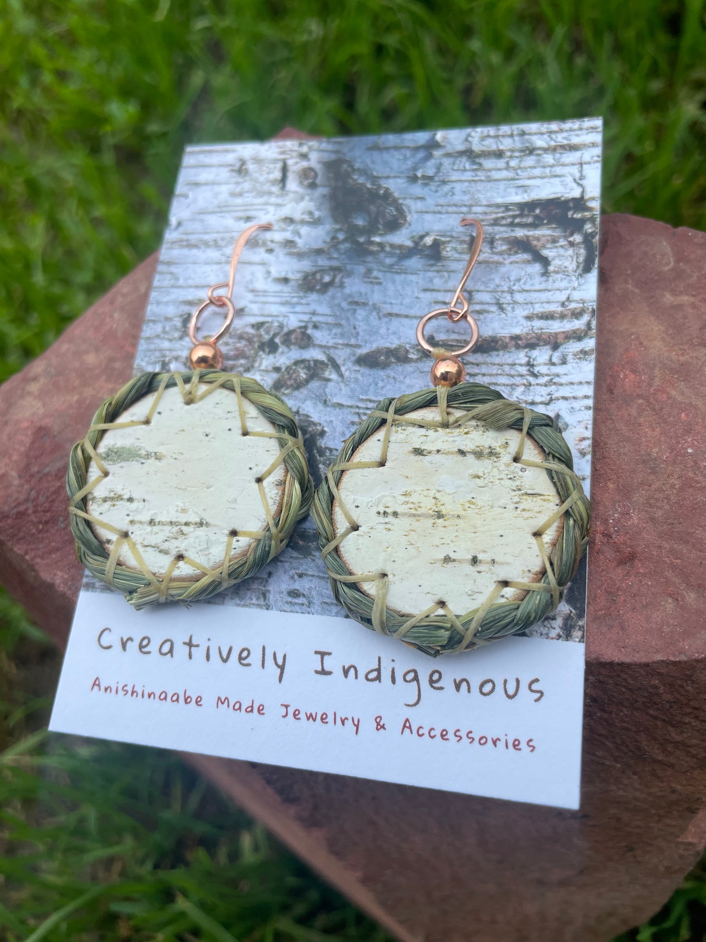 Wiigwaas and Wiingashk Birchbark and Braided Sweet Grass Earrings