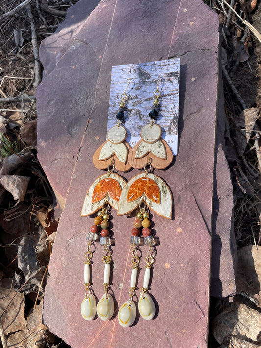 Smoky Quartz Birchbark Appliqué Woodland Floral Earrings