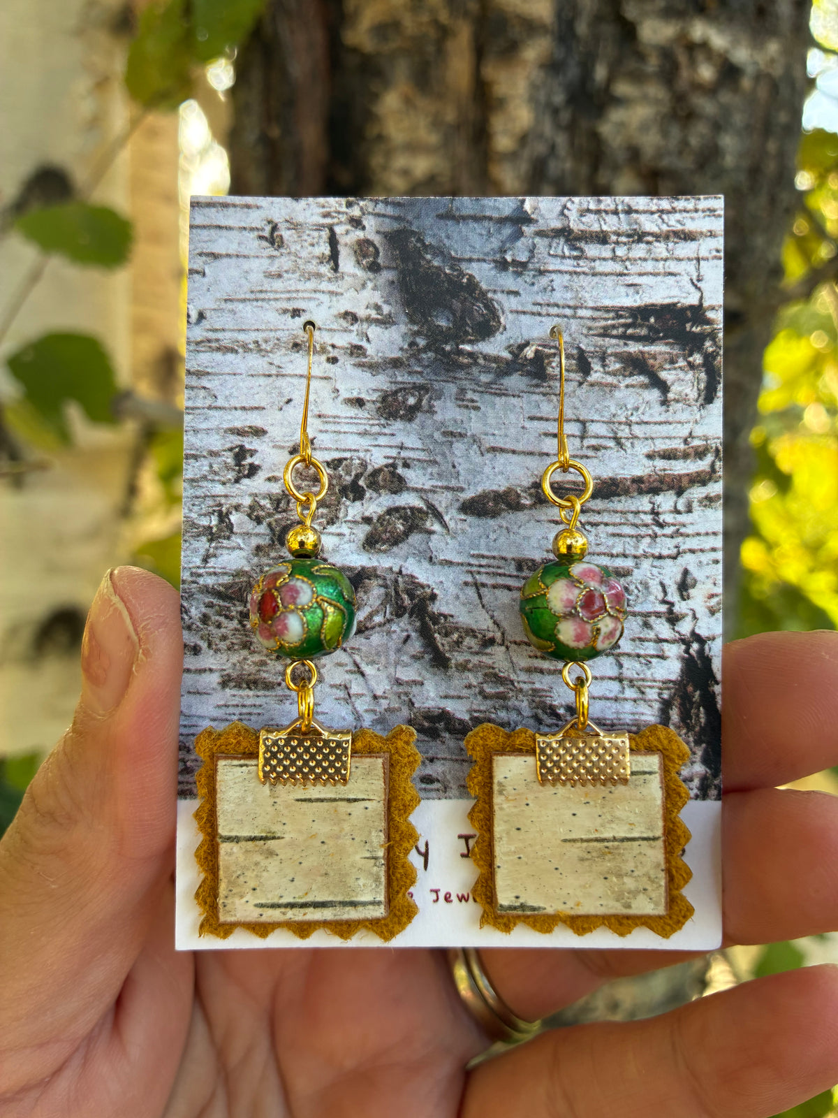 Birchbark Earrings with Buckskin and Cloisonné