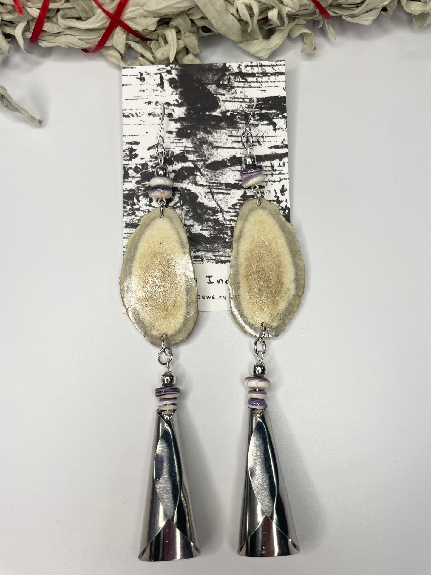 Waawaashkeshi Deer Antler Earrings with Wampum and Jingles