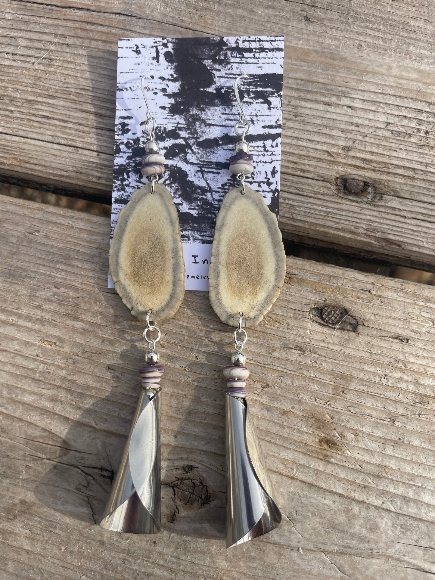 Waawaashkeshi Deer Antler Earrings with Wampum and Jingles