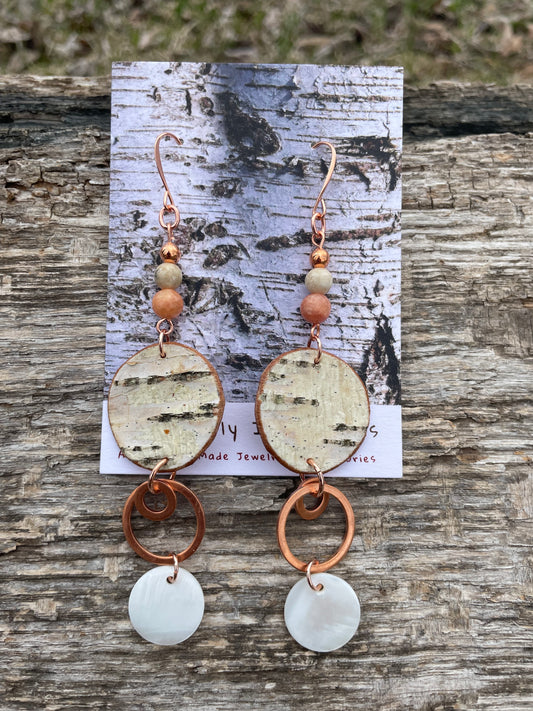 Birchbark Earrings with Orange Calcite and Copper