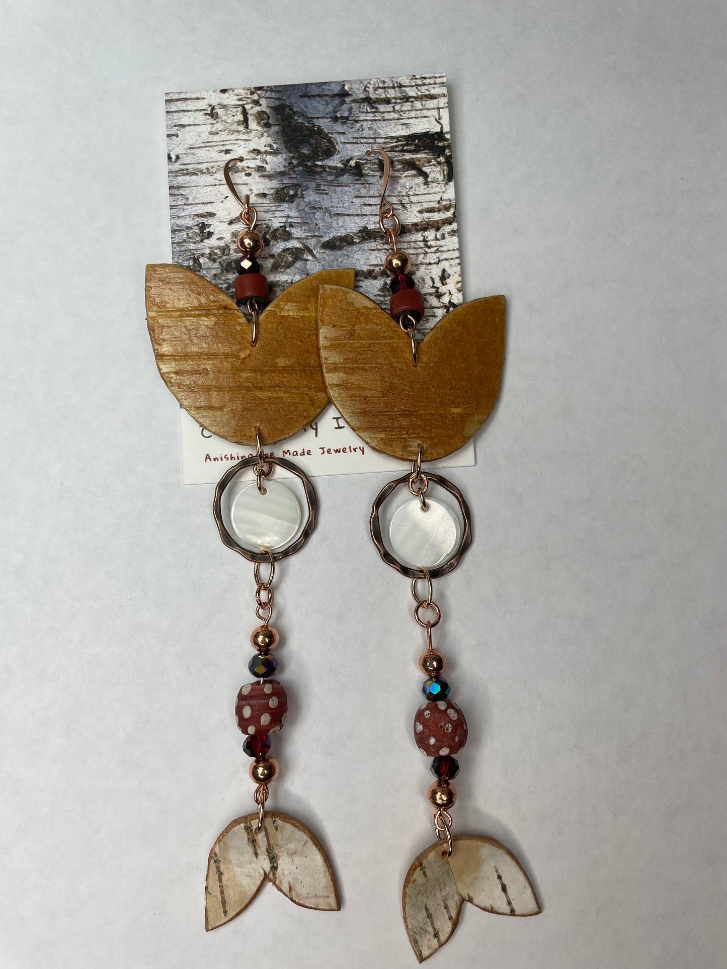 Antique Red Skunk and Green Heart Trade Beads with Shell and Birchbark Earrings