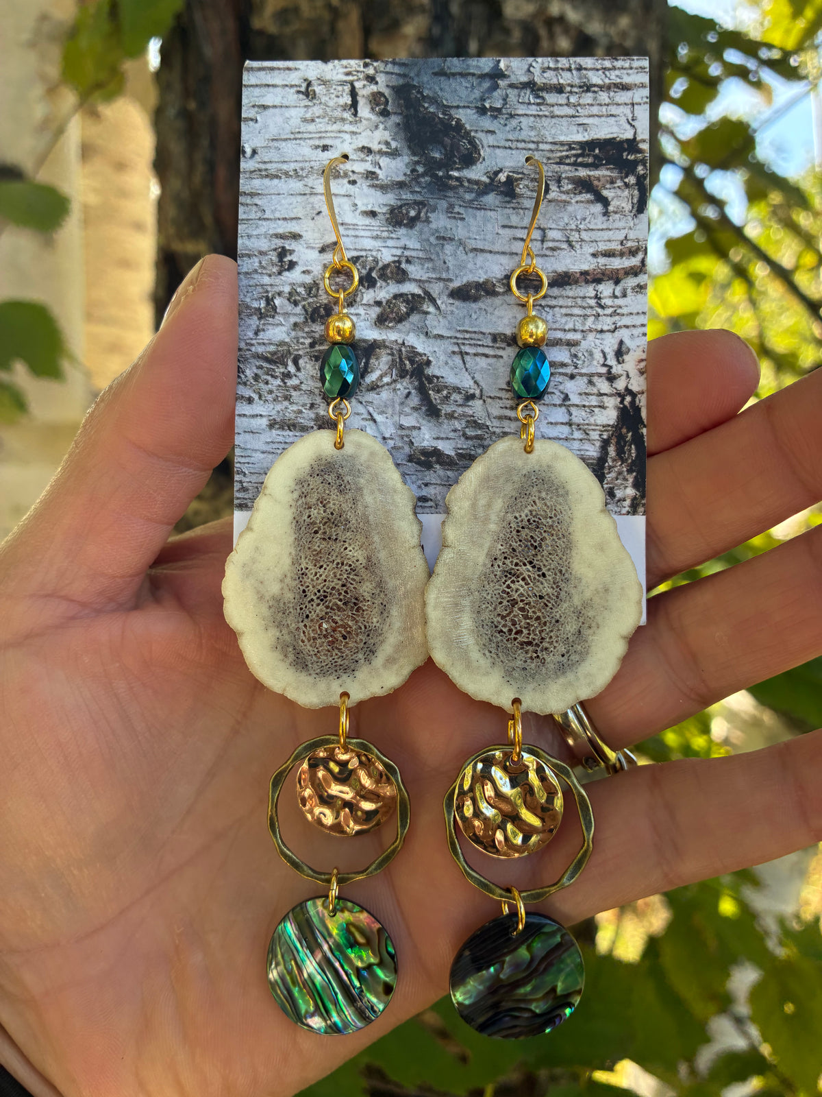 Omashkooz Elk Antler Earrings with Abalone