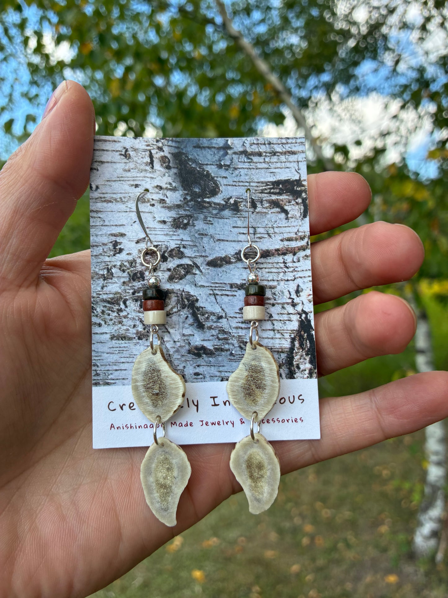 Waawaashkeshi Deer Antler Earrings with Red Creek Jasper