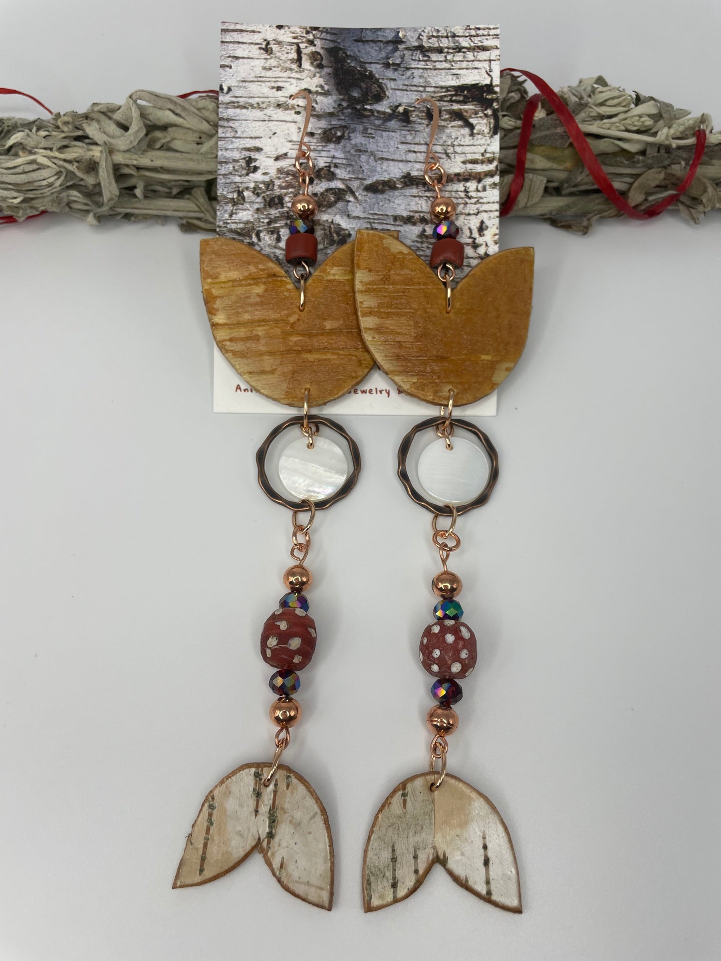 Antique Red Skunk and Green Heart Trade Beads with Shell and Birchbark Earrings