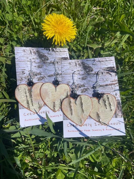 Birchbark Heart Earrings with Sardonyx