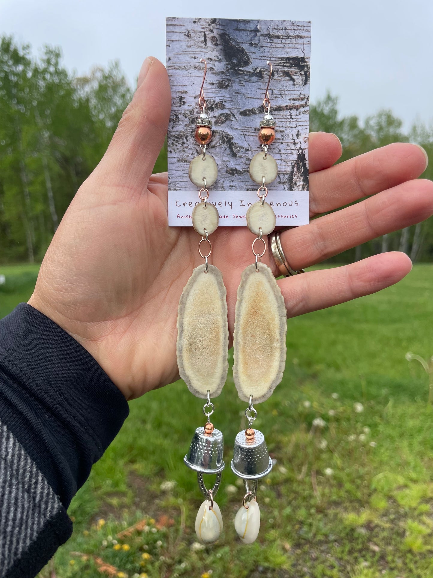 Waawaashkeshi Deer Antler Earrings with Grandmother Thimbles
