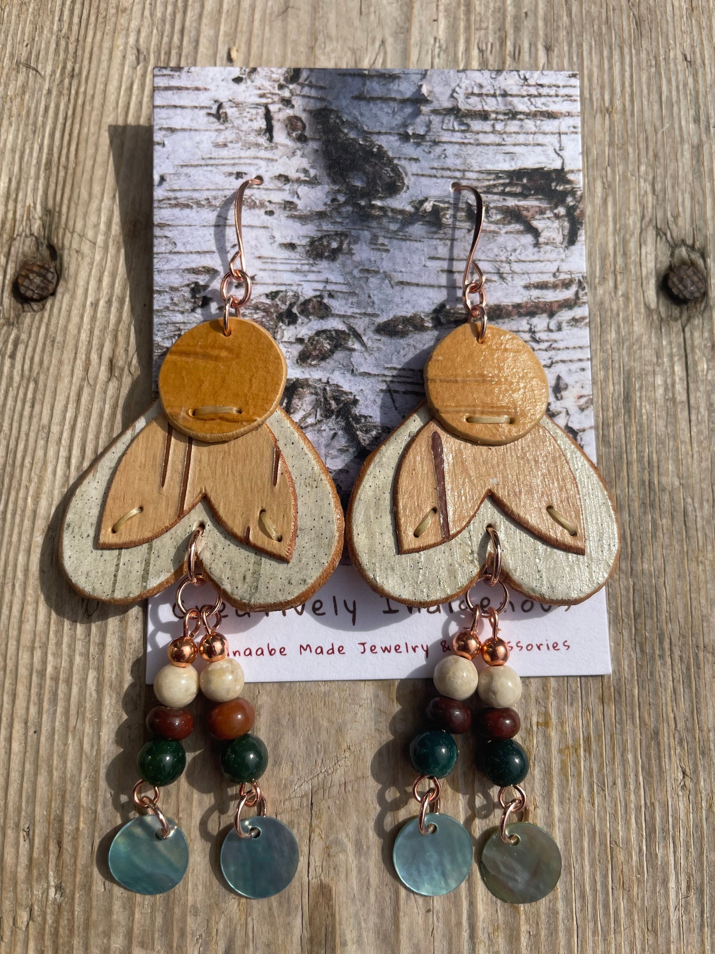 Mino-de'e “Good Hearted”Birchbark Earrings with Blood Stone