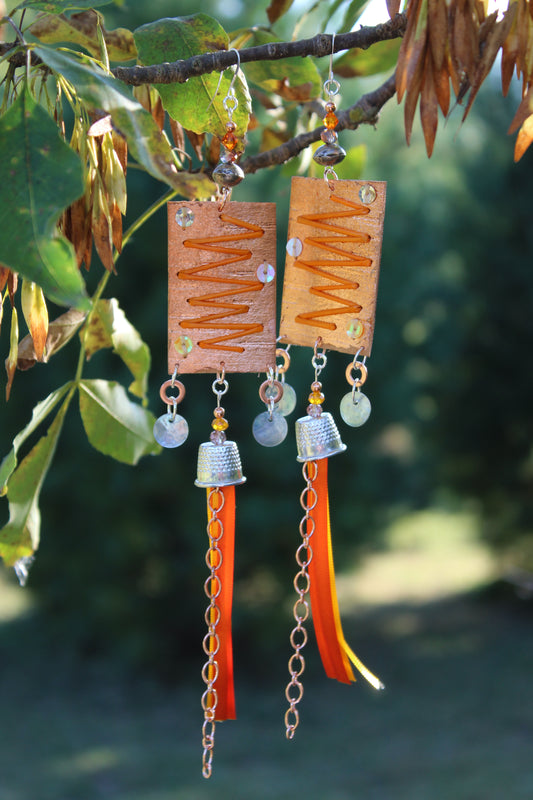 Orange Ribbon, Birchbark,and Quill Earrings