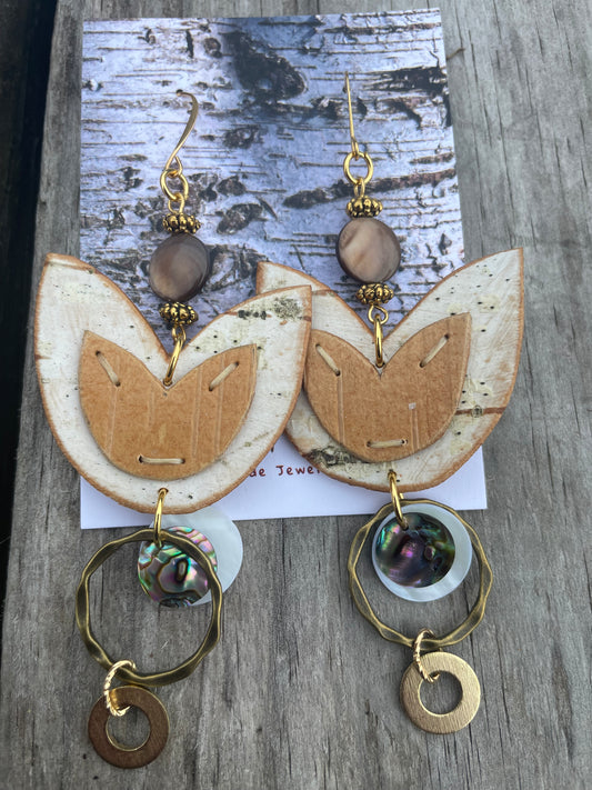 Birchbark Layered Floral Earrings with Mother of Pearl