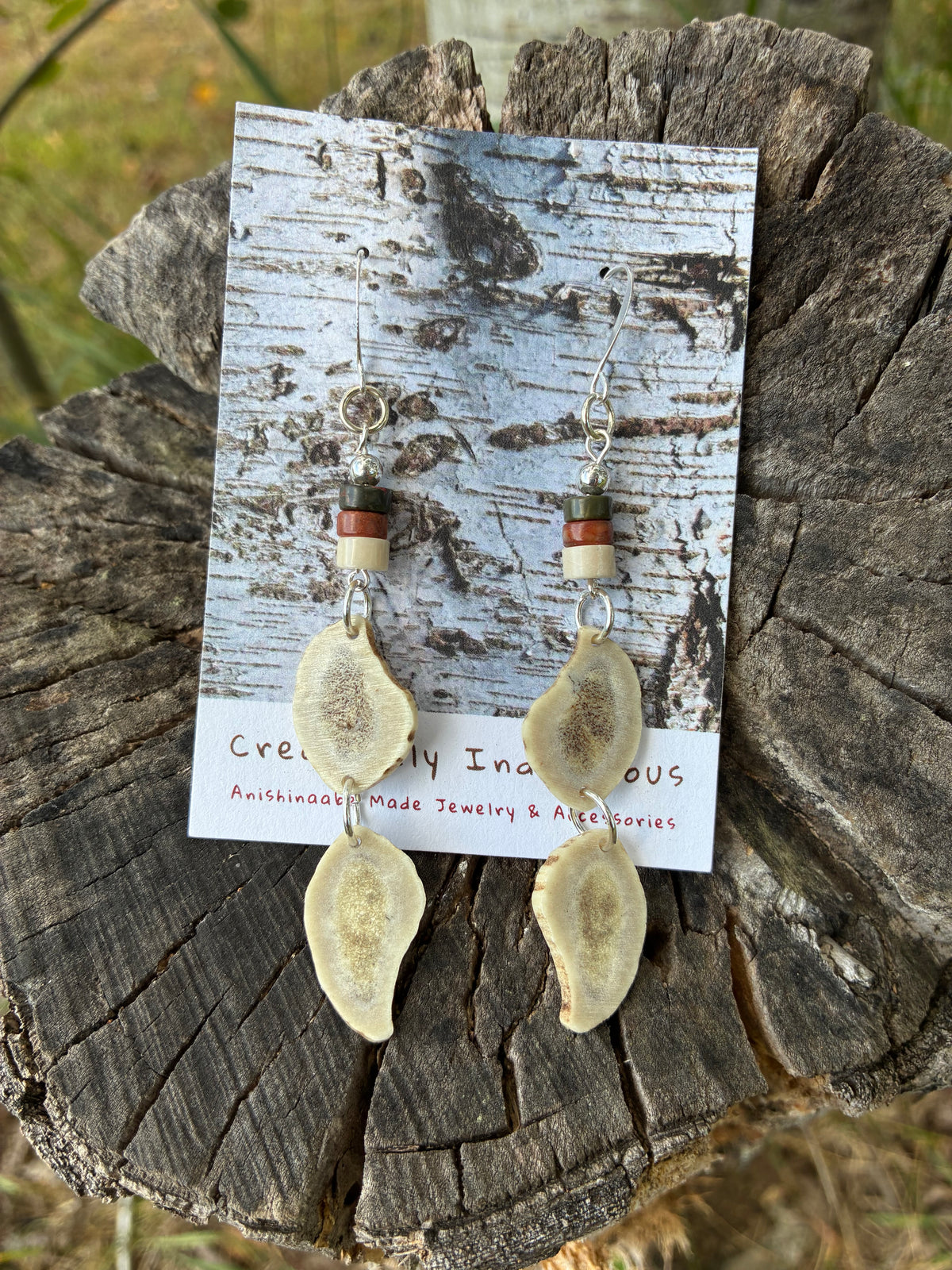 Waawaashkeshi Deer Antler Earrings with Red Creek Jasper