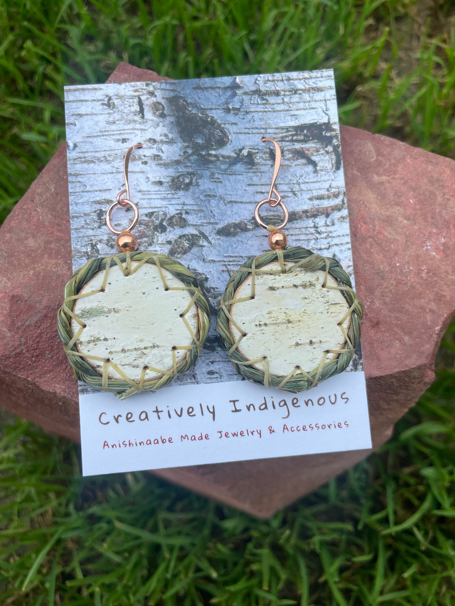 Wiigwaas and Wiingashk Birchbark and Braided Sweet Grass Earrings