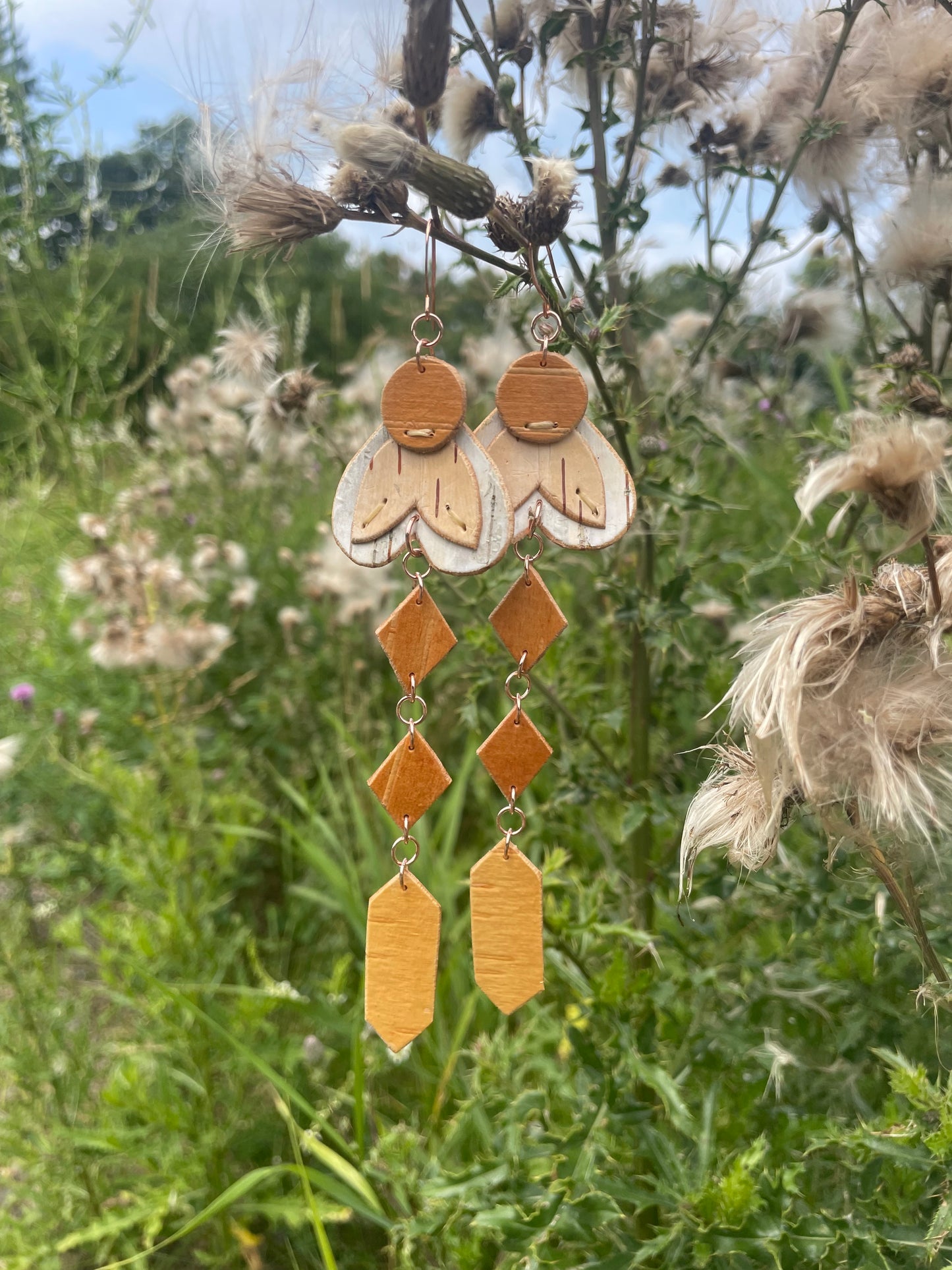 Floral Appliqué and Otter Tracks Birchbark Earring
