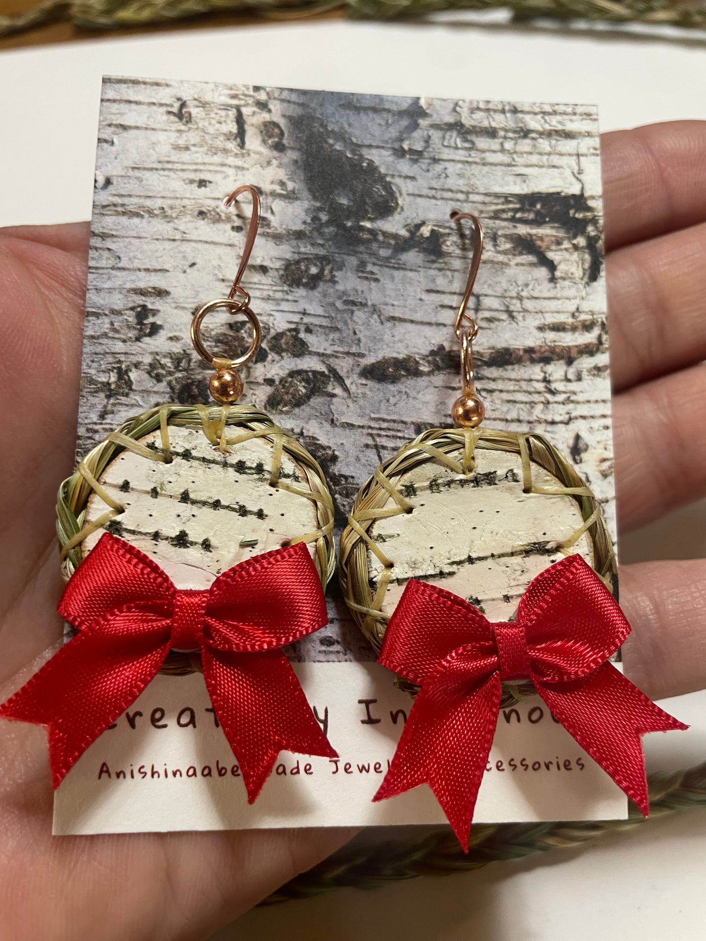 Wiigwaas and Wiingashk Birchbark and Braided Sweet Grass Earrings with Red Bows