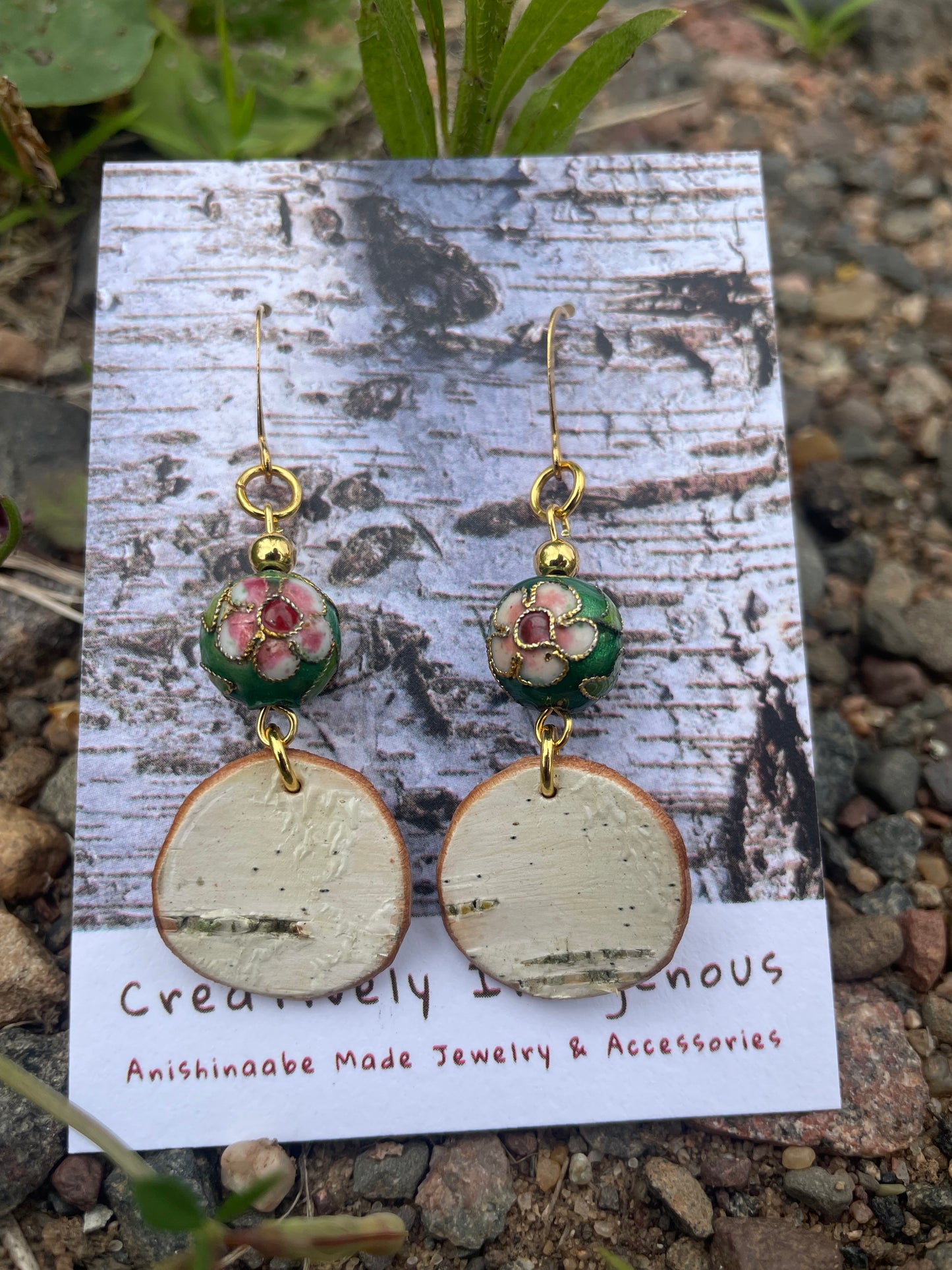 Birchbark Earrings with Cloisonné