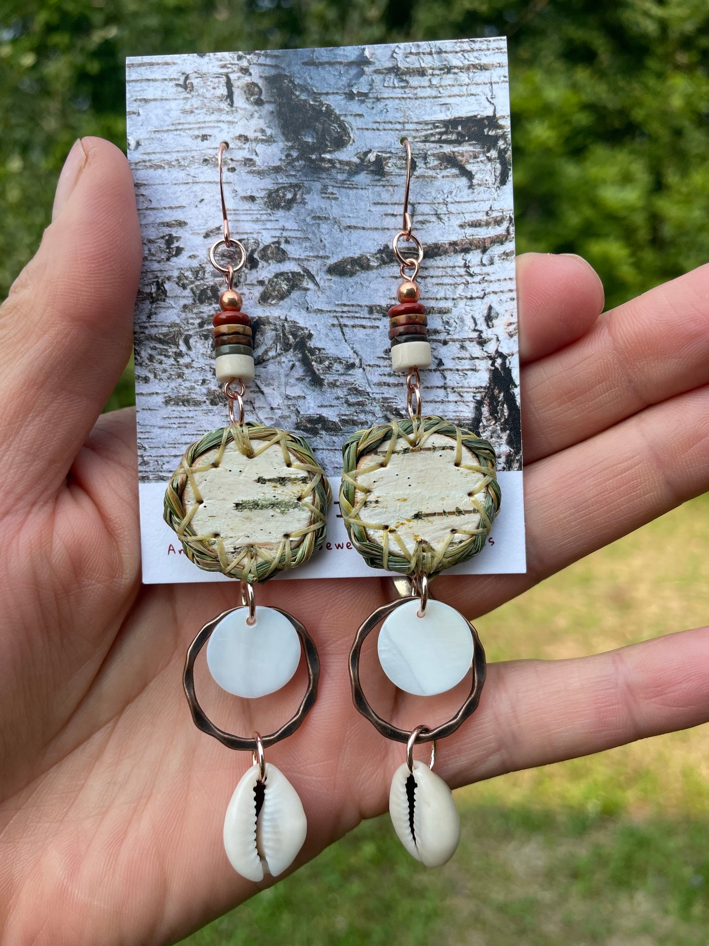 Wiigwaas and Wiingashk Birchbark and Braided Sweet Grass Earrings