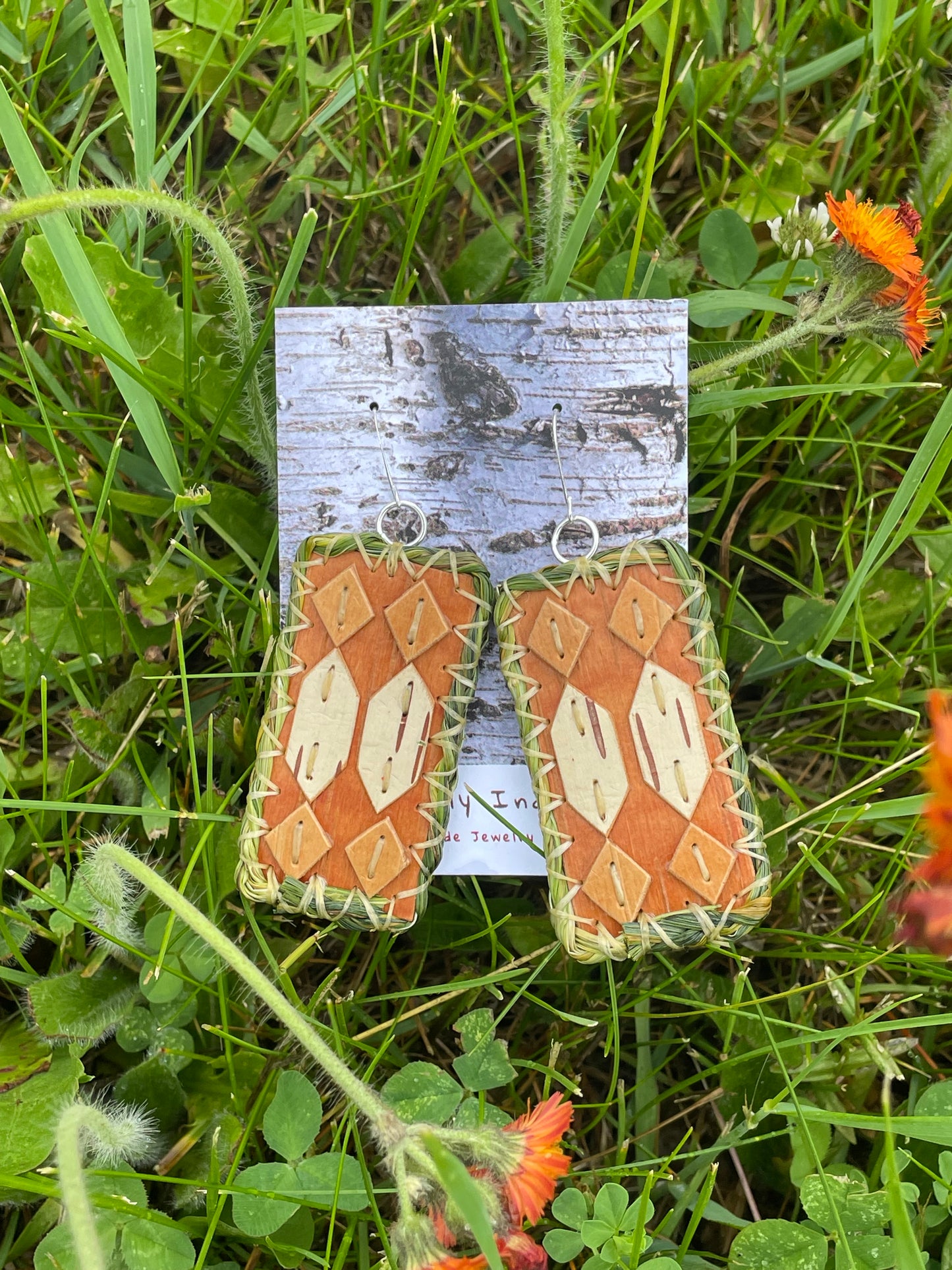 Otter Tracks Birchbark and Braided Sweet Grass Earrings