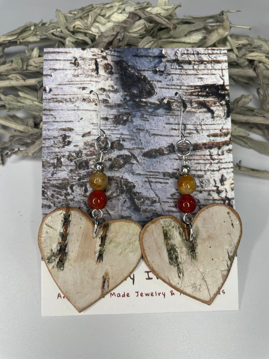 Birchbark Heart Earrings with Carnelian and Fossil Jasper