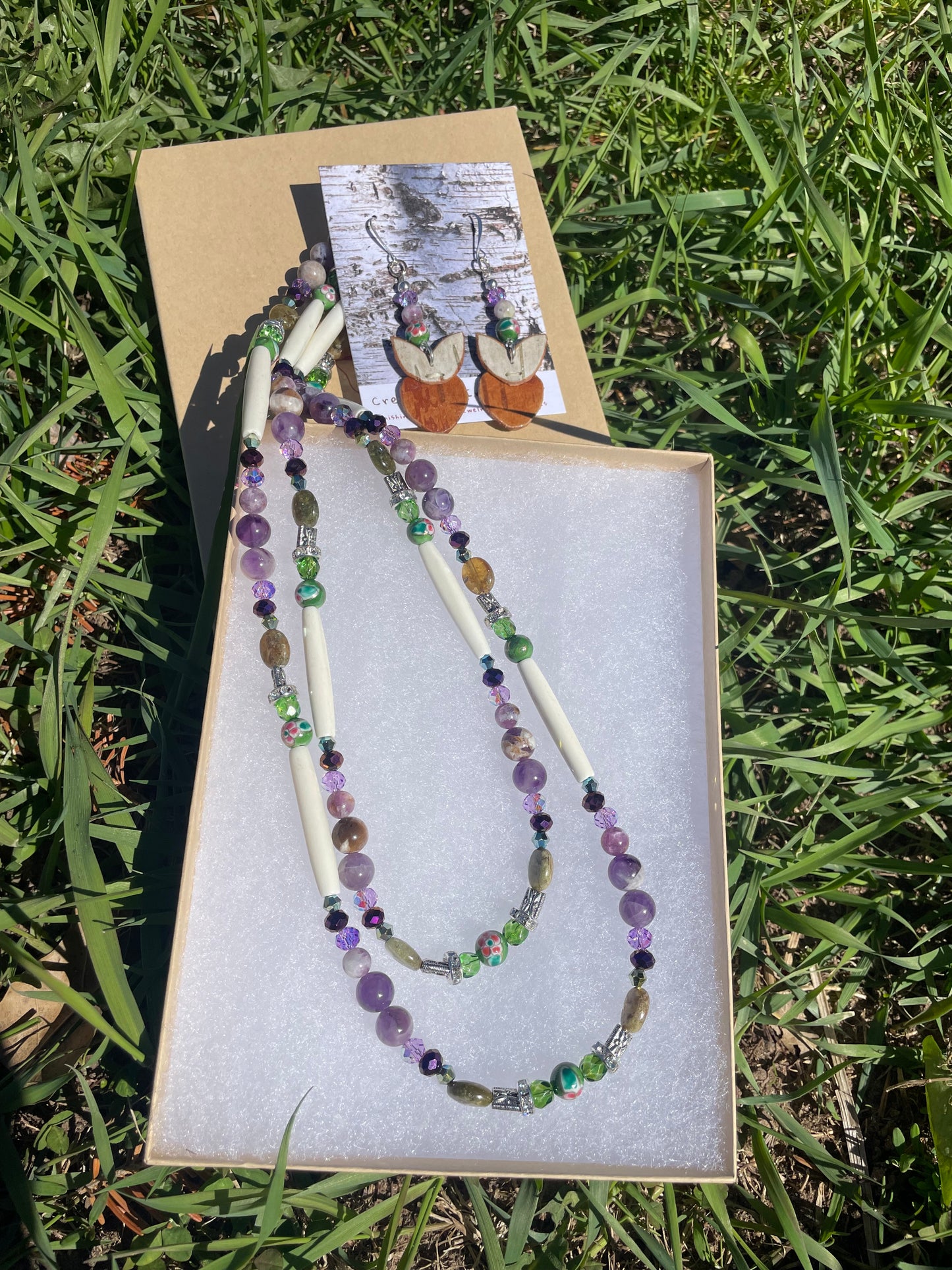 Birchbarkberry Woodland Floral Set with Amethyst and Green Garnet