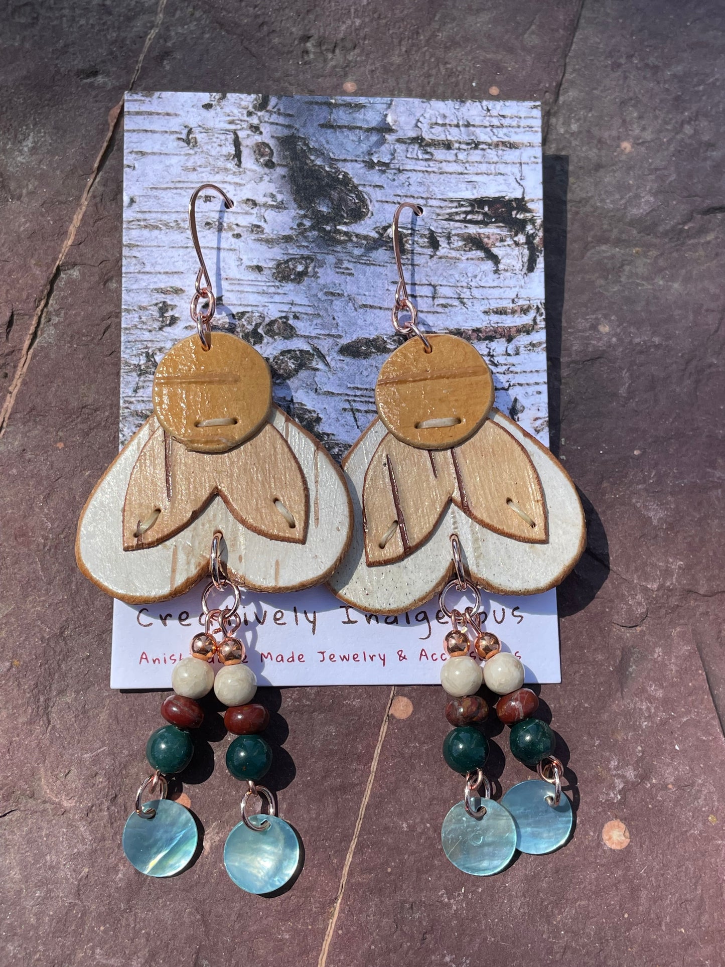 Mino-de'e “Good Hearted”Birchbark Earrings with Blood Stone
