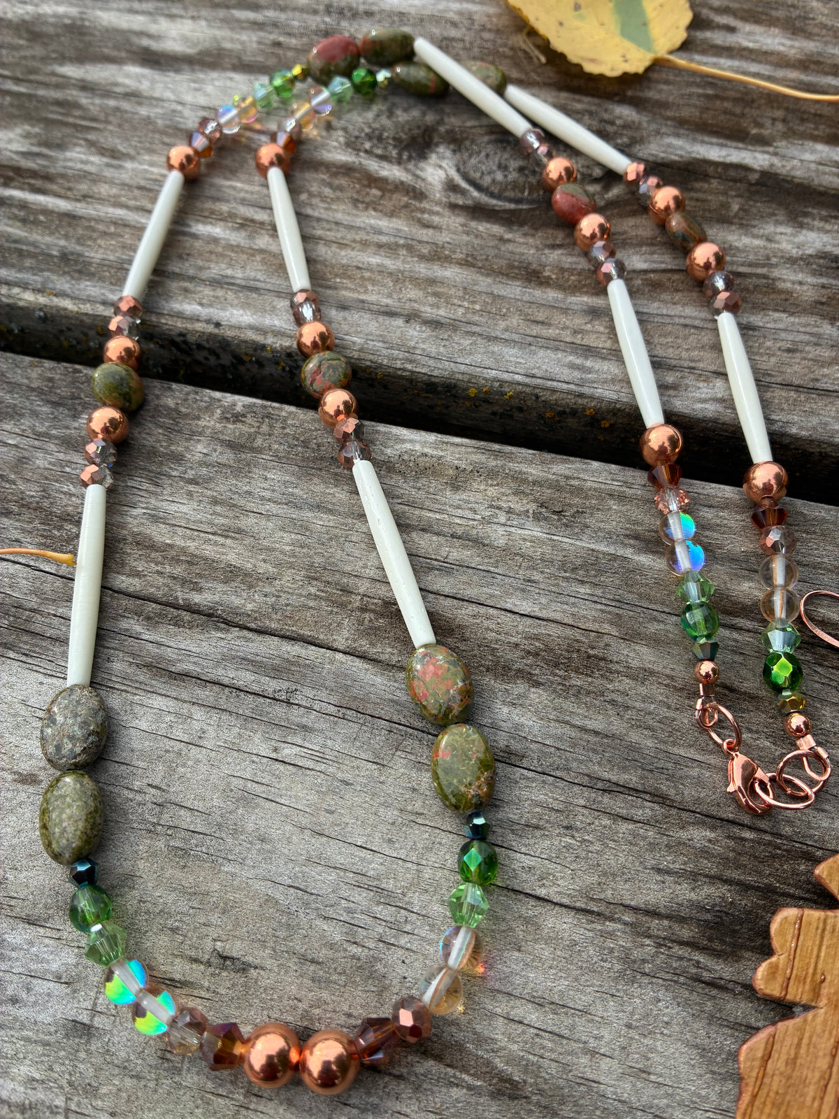 Birchbark Oak Leaf and Unakite Bone Necklace