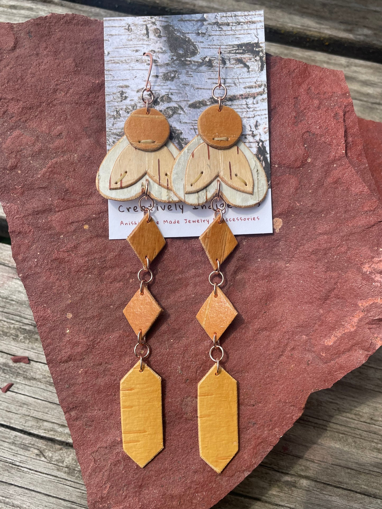 Floral Appliqué and Otter Tracks Birchbark Earring