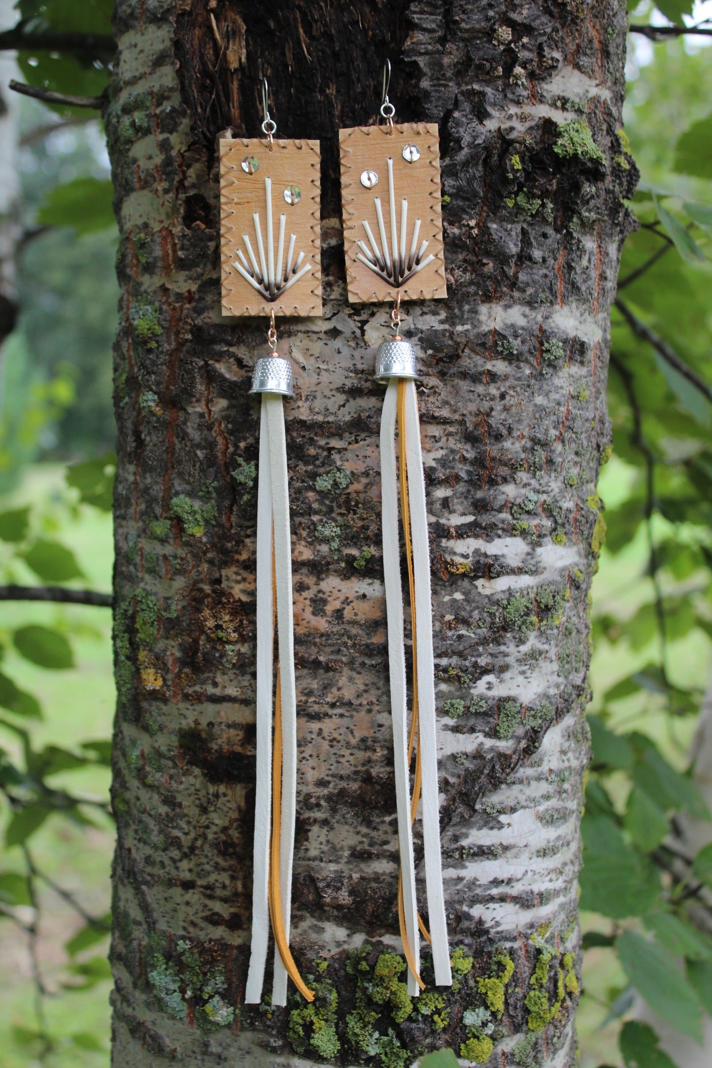Anang Bangishin “Shooting Star”Birchbark, Deerskin Lace, and Porcupine Quill Earrings