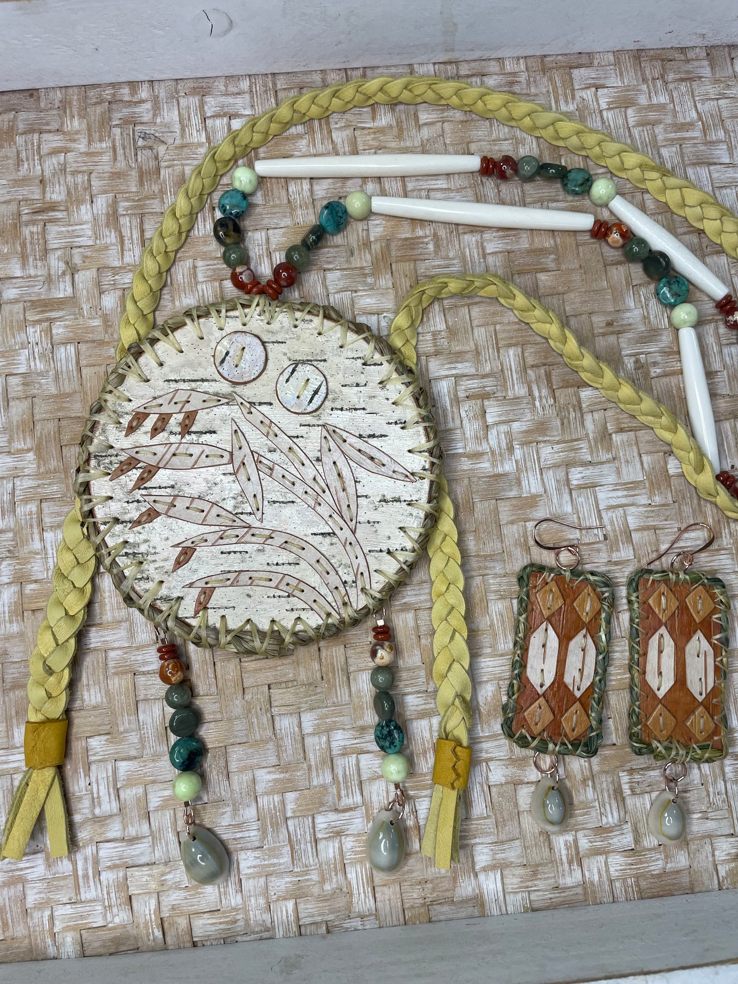 “Manoomin in the Storm” Wild Rice and Sweet Grass Birchbark Medallion and Otter Tracks Earrings