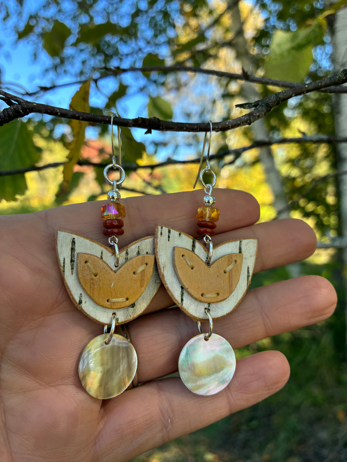 Birchbark Layered Floral Earrings with Mother of Pearl