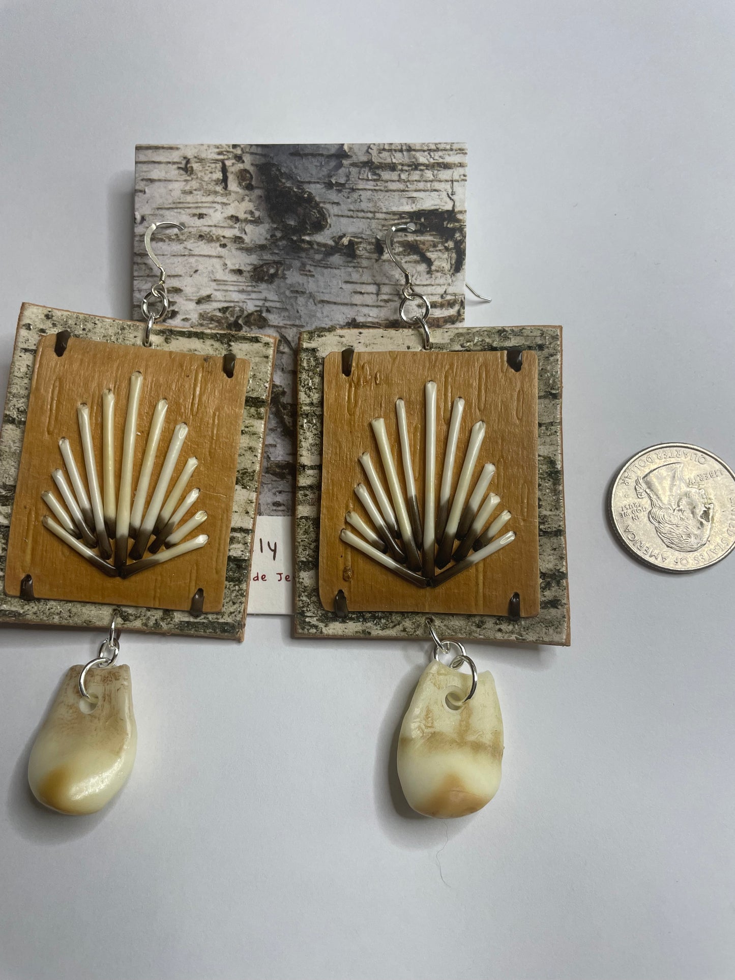 Shooting Star and Elk Ivory Replica Birchbark and Porcupine Quill Earrings