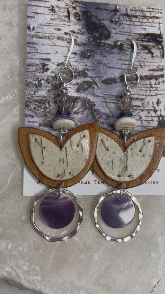 Appliqué Floral Birchbark Earrings with Wampum