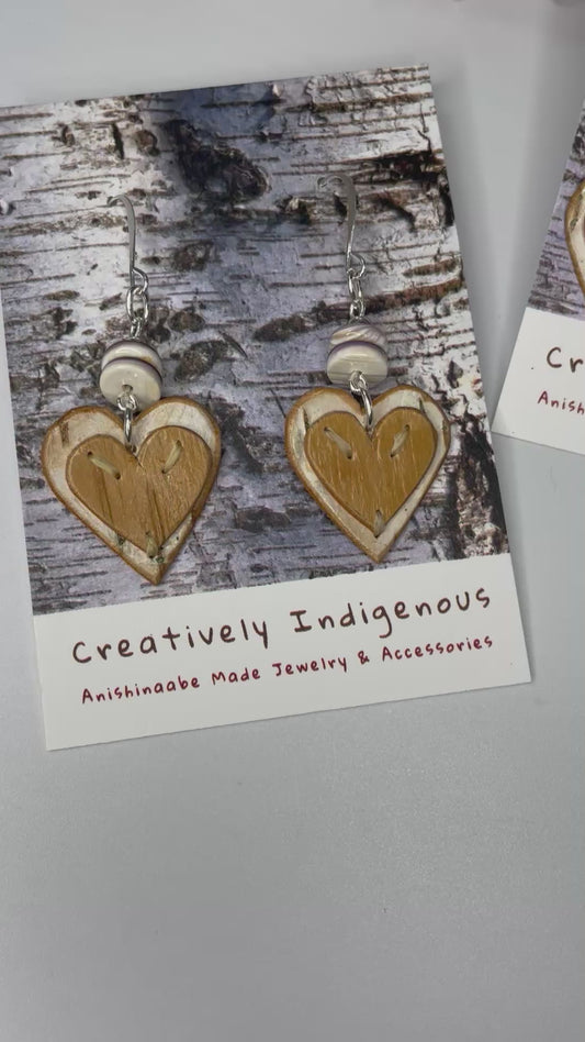 Small Appliqué Heart Birchbark Earrings with Wampum